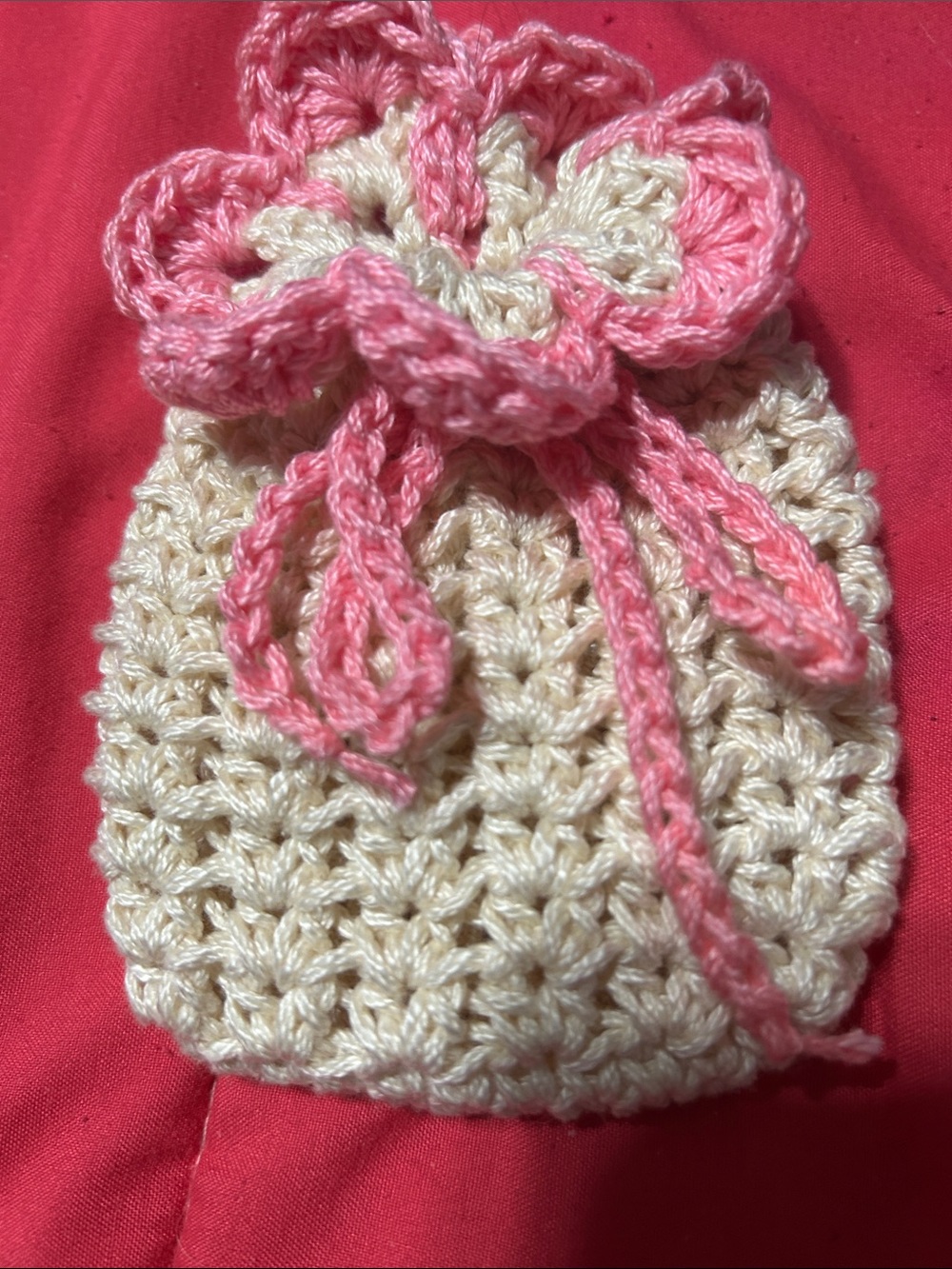 SOAP SAVER
Cream and Pink Crochet Drawstring Bag